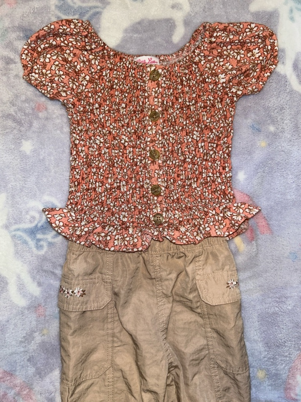 Little Lass Pink Floral Smocked Top and Tan Pants Set